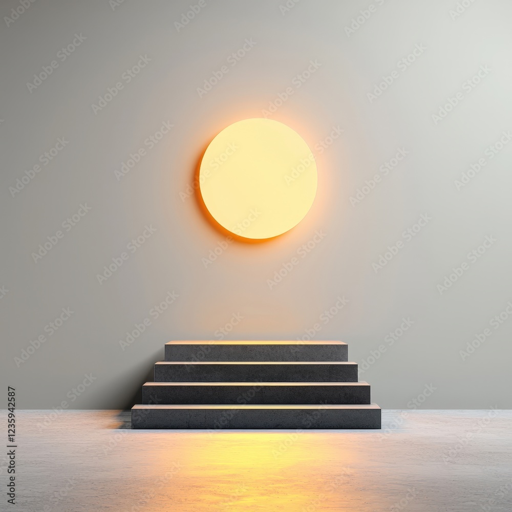 Obraz premium A lighted round object is on a wall next to a set of stairs