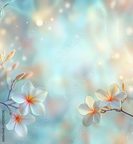 Pastel color floral background with plumeria flowers at bokeh background