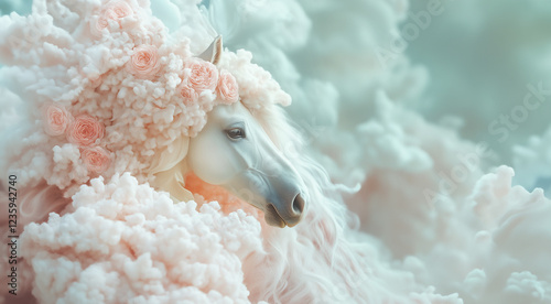Pale horse head in pink and blue clouds, pastel color. Banner