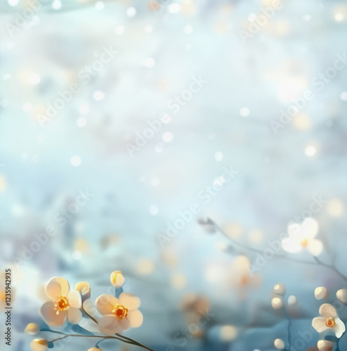 Pale blue blurred springtime nature background with delicate blossom and bokeh