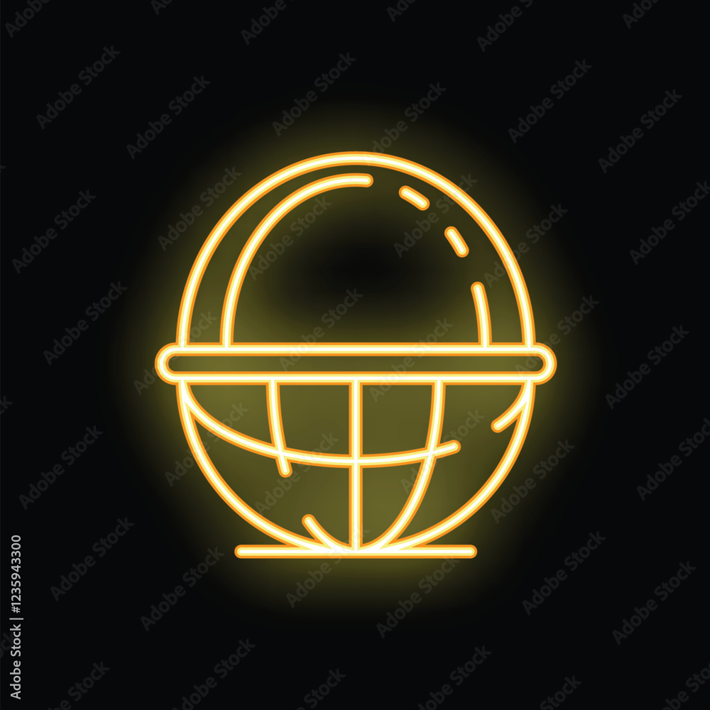 Neon globe icon glowing on dark background representing global business, international communication, and worldwide network Neon globe icon glowing on dark background representing global business, international communication, and worldwide network