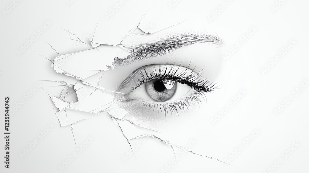 Obraz premium Artistic image of an eye appearing through cracked paper background, symbolizing insight and revelation.