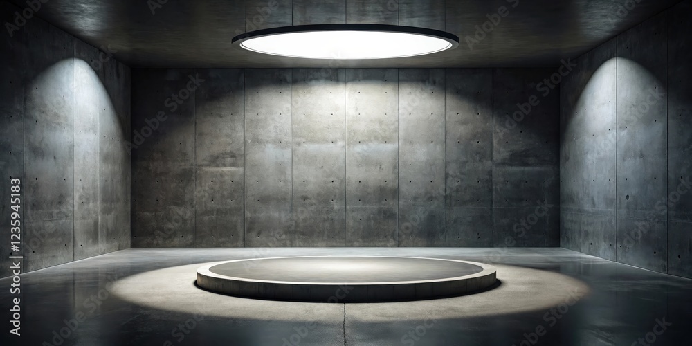 A Minimalist Concrete Room with a Circular Platform Illuminated by Overhead Light A Minimalist Concrete Room with a Circular Platform Illuminated by Overhead Light
