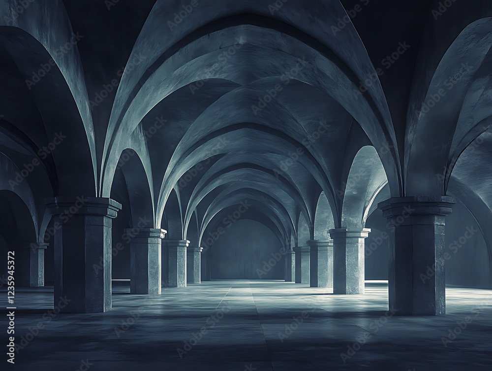Obraz premium dark tunnel with intricate arches and soft, subtle lighting, offering an elegant and spacious backdrop