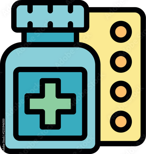 Medicine bottle with green cross and blister pack symbolizing healthcare, pharmaceuticals, and medical treatment