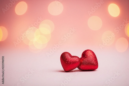 Two glittering red hearts on glittery pinkish gray surface