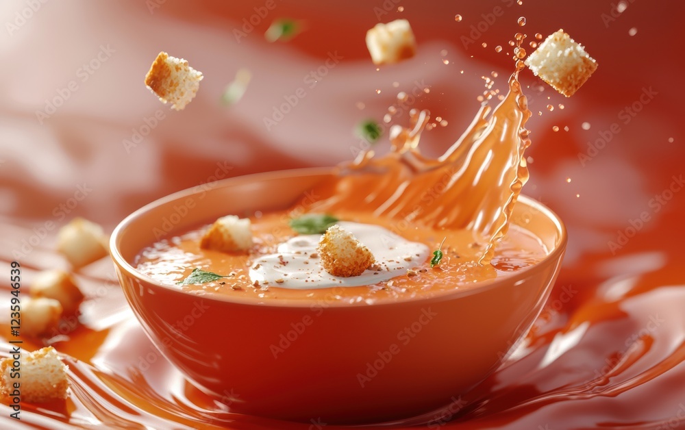 Bowl of Creamy Tomato Soup Floating with Garlic Croutons and a Splash of Fresh Cream on an Abstract Background, Warm and Cozy Aesthetic Bowl of Creamy Tomato Soup Floating with Garlic Croutons and a Splash of Fresh Cream on an Abstract Background, Warm and Cozy Aesthetic