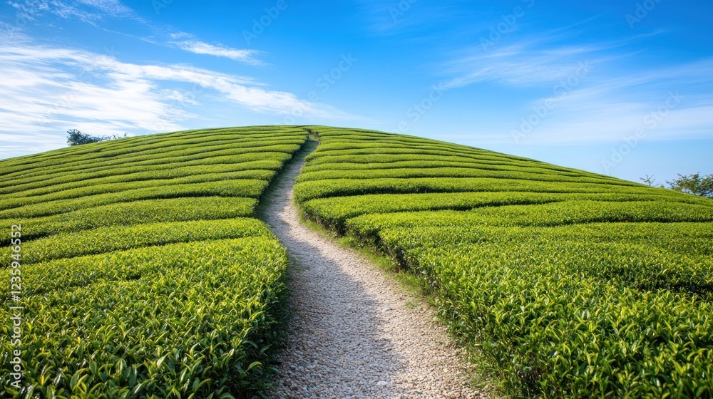 Naklejka premium Serene pathway meanders through vibrant green tea plantation hillside