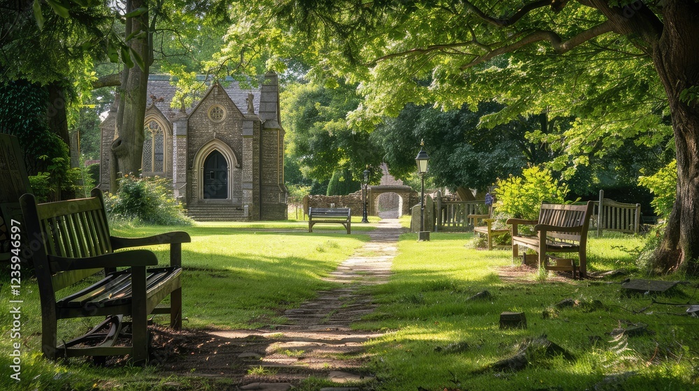Obraz premium Tranquil Park Pathway Surrounded by Lush Greenery and Scenic Benches