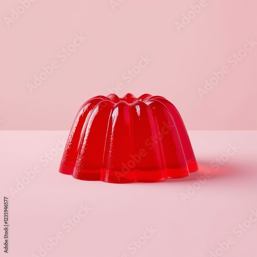 Red gelatin dessert in a classic fluted mold shape, with a translucent and glossy texture. The jelly is vibrant and isolated on a plain white background, offering a clean and minimalistic design suita photo