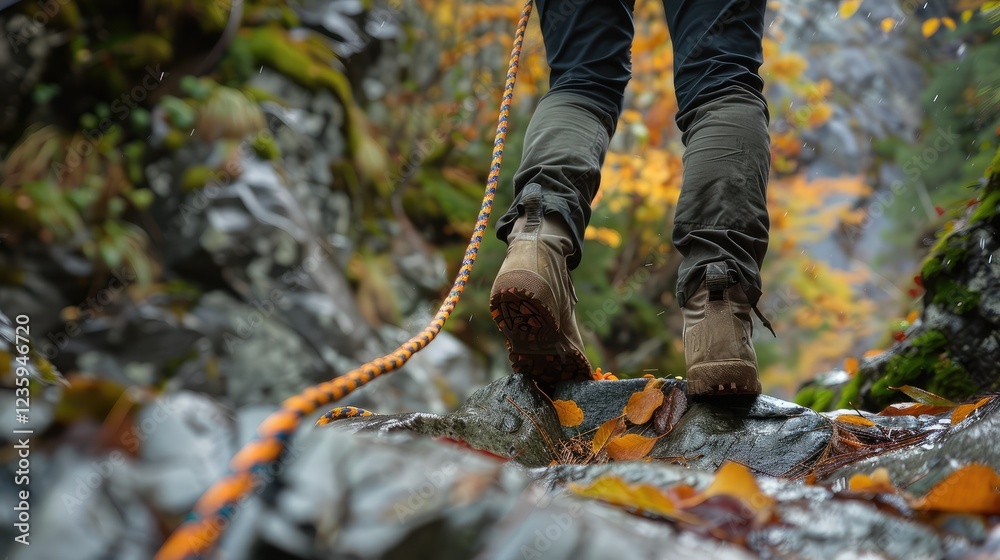 Adventurous Hiking Through Autumn Trails with Safety Ropes Adventurous Hiking Through Autumn Trails with Safety Ropes