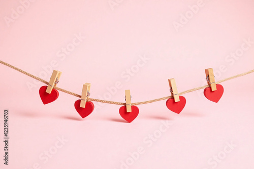 String of five small red wooden hearts on pastel pink surface