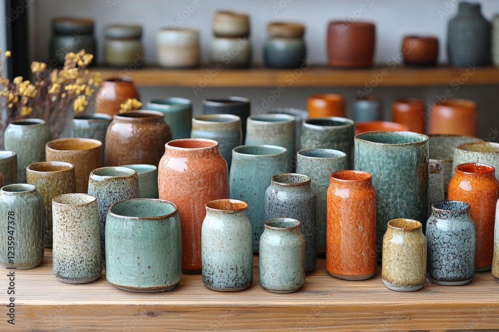 Artistic display of colorful ceramic vases in a rustic shop indoor setting unique Artistic display of colorful ceramic vases in a rustic shop indoor setting unique