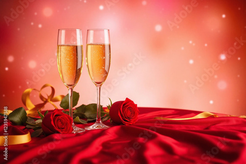 two champagne flutes and red roses on red tablecloth with gradient
