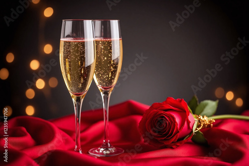 two champagne flutes and red rose on red satin with bokeh lights