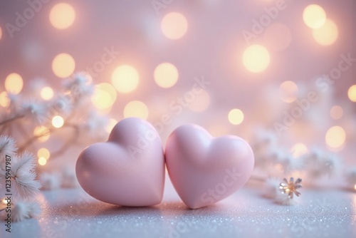 two pastel pink heart shaped decorations bokeh background