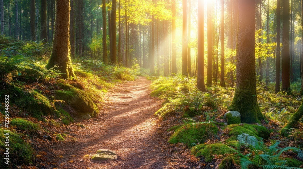 Fototapeta premium A serene forest path illuminated by sunlight, showcasing vibrant greenery and tranquility.