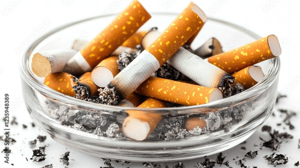 Cigarette butts in an ashtray, isolated on a transparent or white background. Cigarette butts in an ashtray, isolated on a transparent or white background.