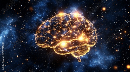 Glowing Brain Model with Connected Lines Amidst a Starry Background Visualizing Neural Network