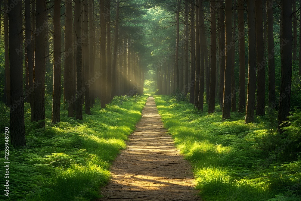 Obraz premium Serene Forest Pathway: Tranquil Greenery and Sunlight in a Lush Woodland