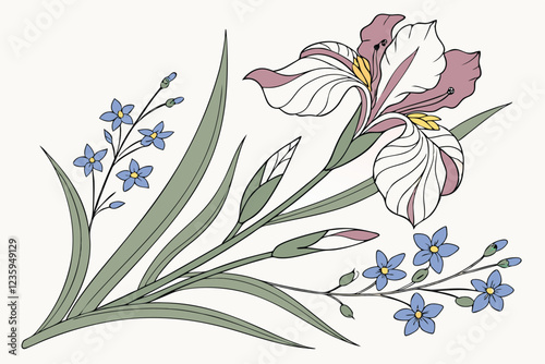  Watercolor iris bouquet, delicate botanical illustration, soft pastel colors, purple and peach irises, blue flower accents, green leaves and stems, detailed petals, elegant floral arrangement, white 