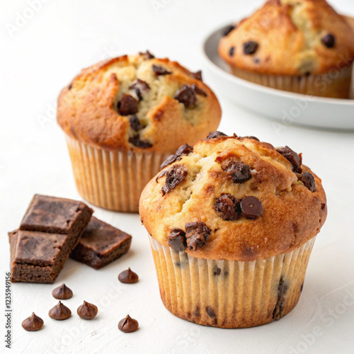 baked chocolate chip muffins with a white background.