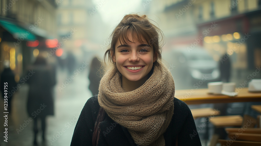 Smiling Young Woman in a Cozy Scarf on a Foggy City Morning Smiling Young Woman in a Cozy Scarf on a Foggy City Morning