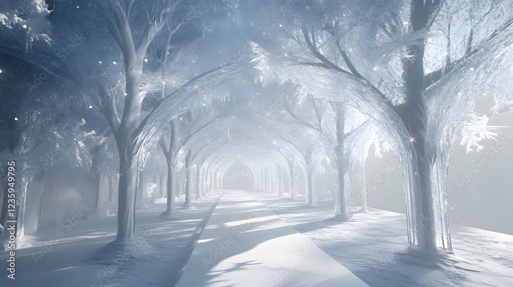 Naklejka premium Enchanted Frosty Pathway Through Trees in Winter Wonderland Scene