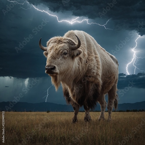 A white buffalo standing beneath a dramatic sky filled with lightning. photo