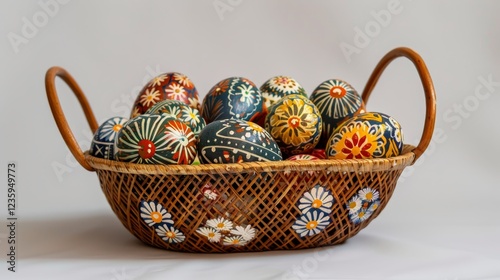 Vibrant easter basket featuring colorfully painted eggs on a clean white background photo