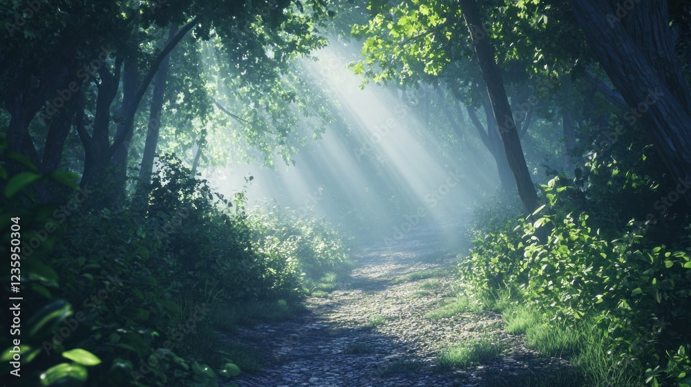 Obraz premium A serene forest pathway illuminated by soft sunlight filtering through the trees.