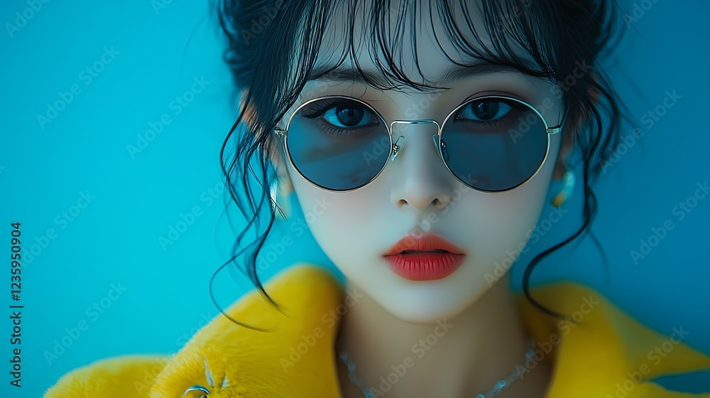 Fototapeta premium Woman in yellow jacket, sunglasses, studio portrait
