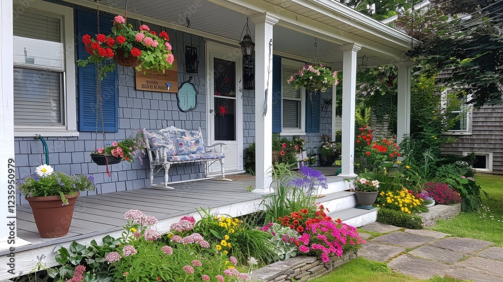 Obraz premium Charming Front Porch with Colorful Flower Garden