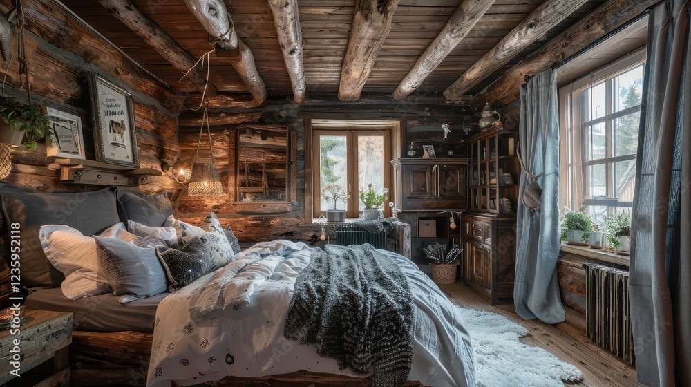 Rustic Log Cabin Bedroom with Cozy Decor and Natural Light Rustic Log Cabin Bedroom with Cozy Decor and Natural Light
