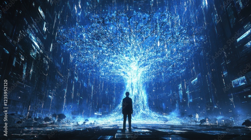 Obraz premium A Man Contemplates a Glowing Digital Tree in a Futuristic City