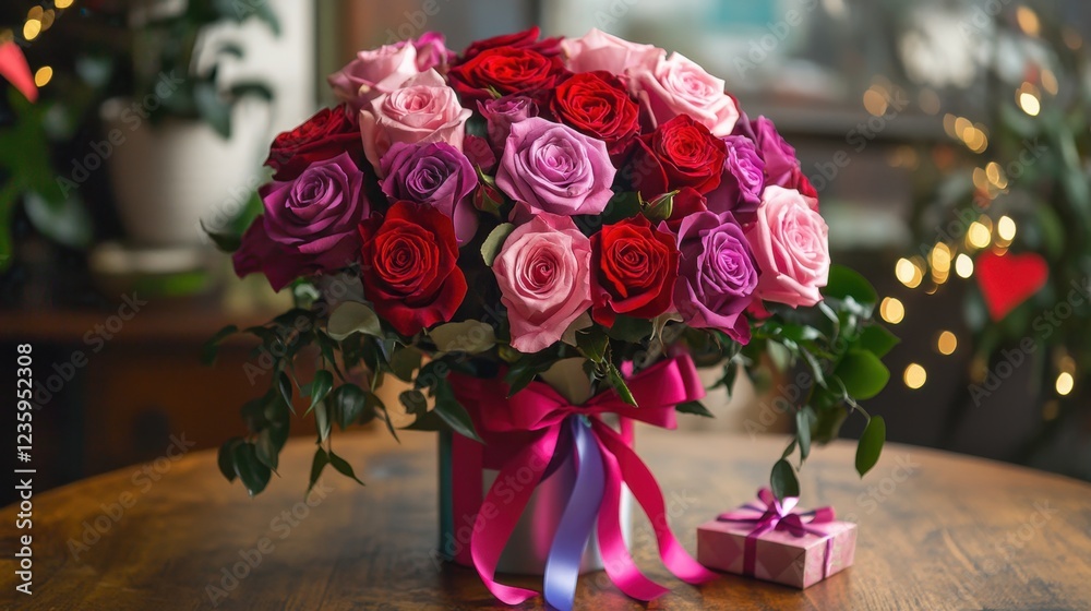 Obraz premium A festive birthday rose bouquet in pink and red hues, tied with colorful ribbons and accompanied by a small gift box on a wooden table.