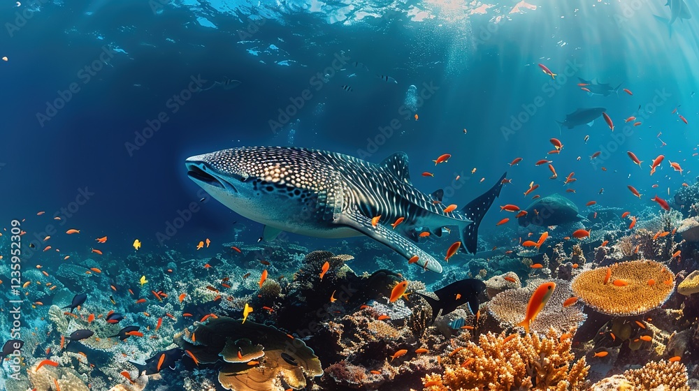 Fototapeta premium Awe - Inspiring Underwater Realm: The Panorama of a Gorgeous Coral Reef Teeming with Marine Life