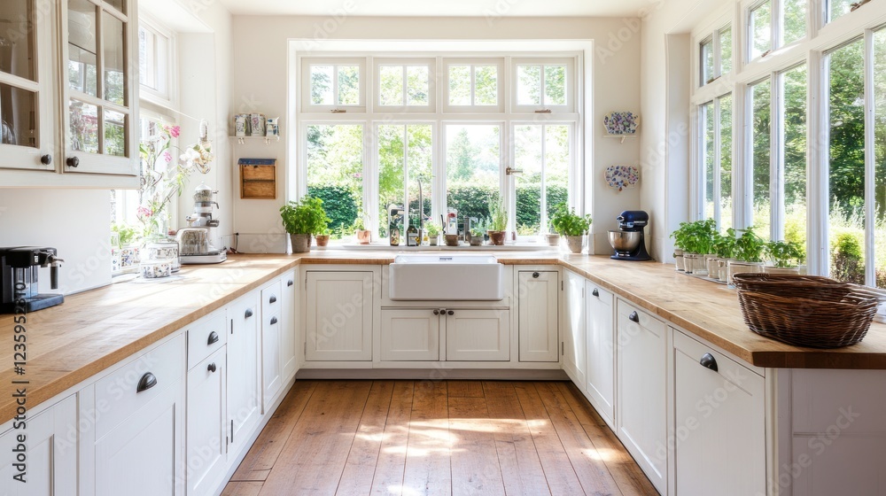 Sunny kitchen, farmhouse style, wood floors, garden view, home design Sunny kitchen, farmhouse style, wood floors, garden view, home design