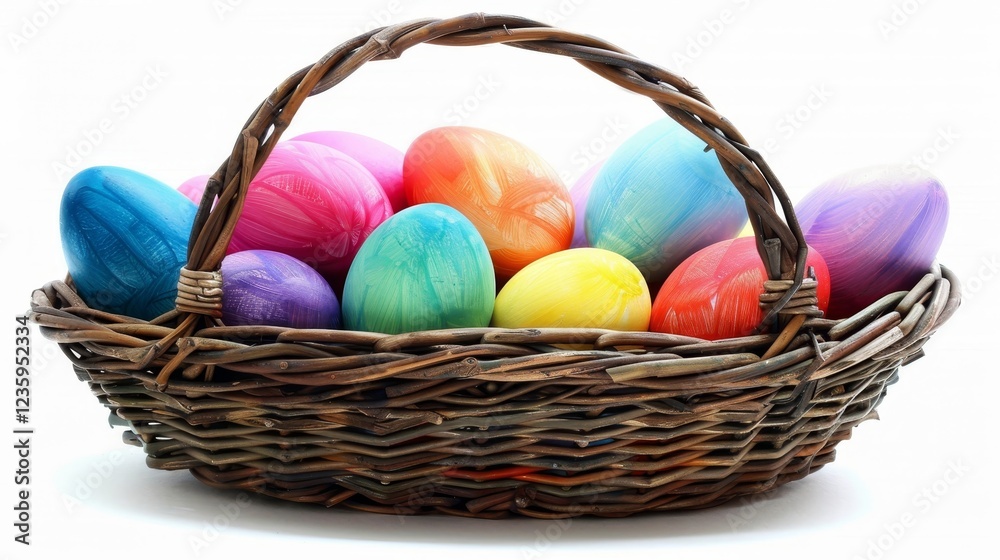 Vibrant easter basket filled with colorfully painted eggs isolated against a white background Vibrant easter basket filled with colorfully painted eggs isolated against a white background