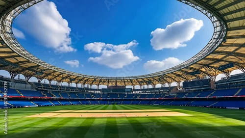 Stunning modern cricket stadium with circular roof under bright blue sky, featuring spacious green field and seating area, creating vibrant outdoor venue for large crowds on sunny day.