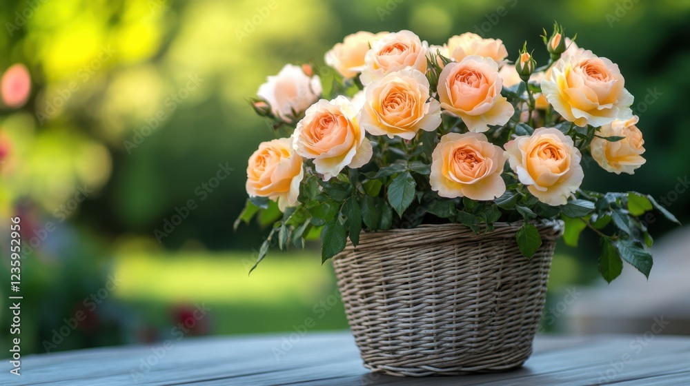 A fresh arrangement of yellow and peach roses in a wicker basket, placed on a garden patio table. A fresh arrangement of yellow and peach roses in a wicker basket, placed on a garden patio table.