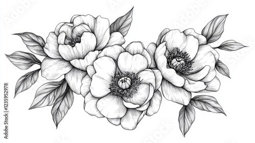 Hand-drawn bunch of peony flowers illustration.