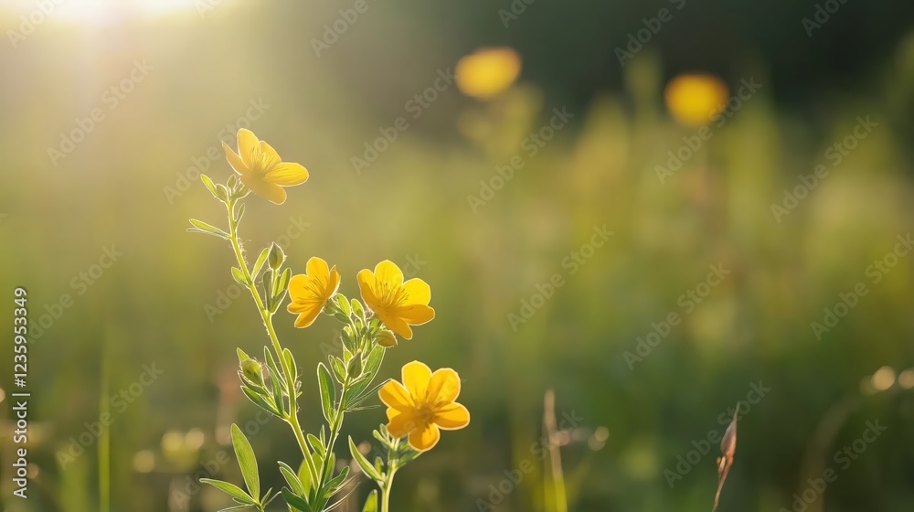 Fototapeta premium Vibrant Yellow Wildflowers In Sunny Meadow