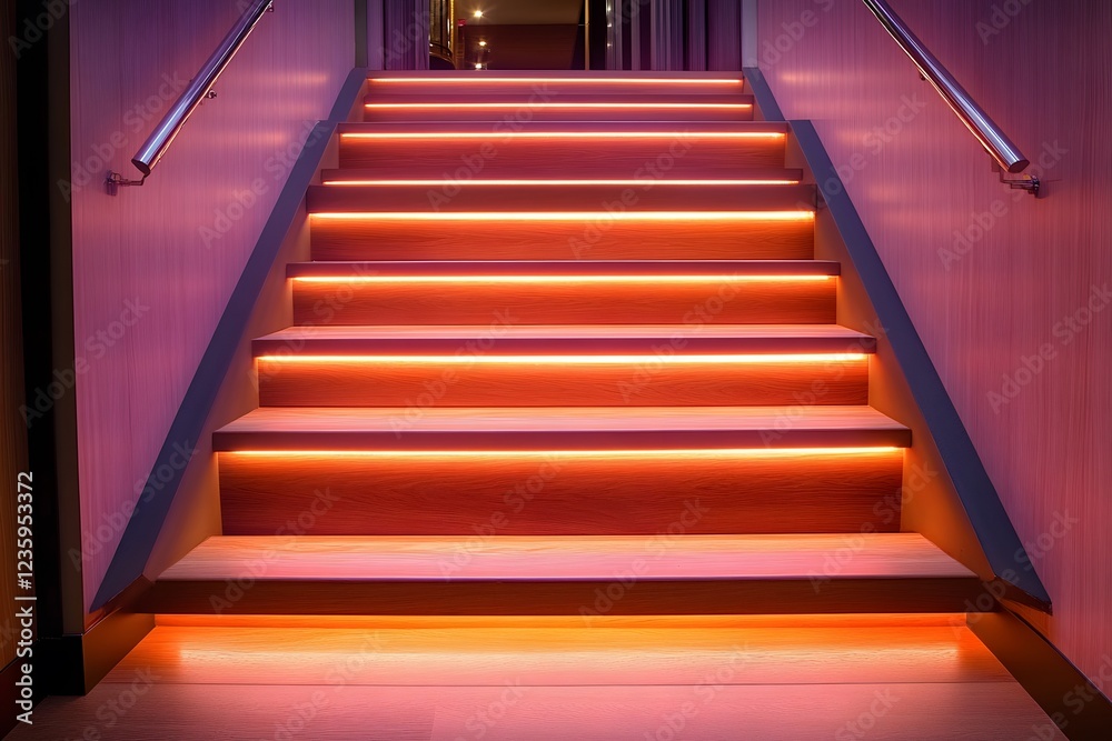 Obraz premium Modern Interior Staircase with Elegant Orange LED Lighting for Architectural Design