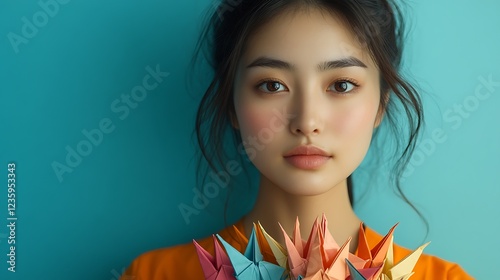 Asian woman holding origami birds, studio portrait photo