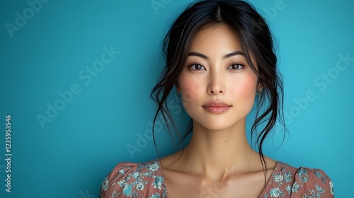 Woman portrait, studio shot, pretty Asian woman, neutral expression, fashion dress, possible use for fashion magazine photo