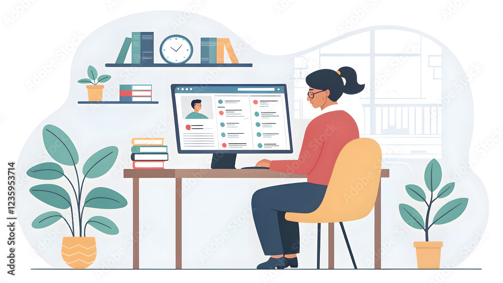 Fototapeta premium Woman Working on Computer in Cozy Home Office with Plants and Books
