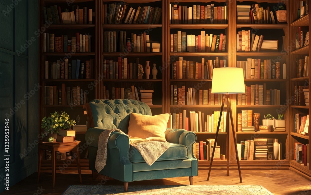 Cozy reading nook with a velvet armchair, a stylish floor lamp, and a wooden bookshelf filled with books, creating a tranquil retreat Cozy reading nook with a velvet armchair, a stylish floor lamp, and a wooden bookshelf filled with books, creating a tranquil retreat