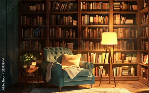 Wallpaper Mural Cozy reading nook with a velvet armchair, a stylish floor lamp, and a wooden bookshelf filled with books, creating a tranquil retreat Torontodigital.ca