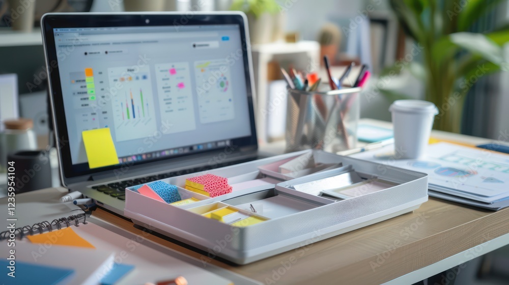 A tidy desk with an organizer holding office supplies, a laptop displaying a project management app, and neatly placed business documents. A tidy desk with an organizer holding office supplies, a laptop displaying a project management app, and neatly placed business documents.